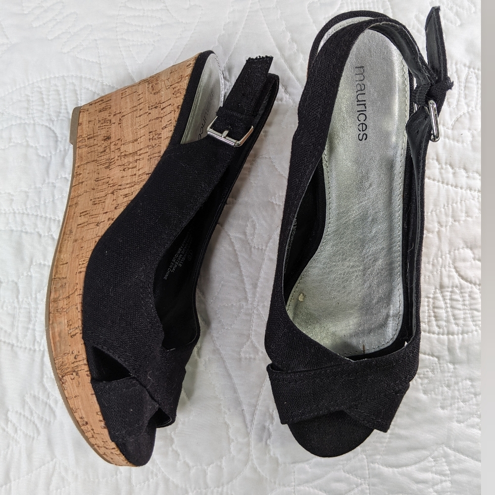 Maurices | Black Peep Toe Sling Back Wedges | Women's Size 10
